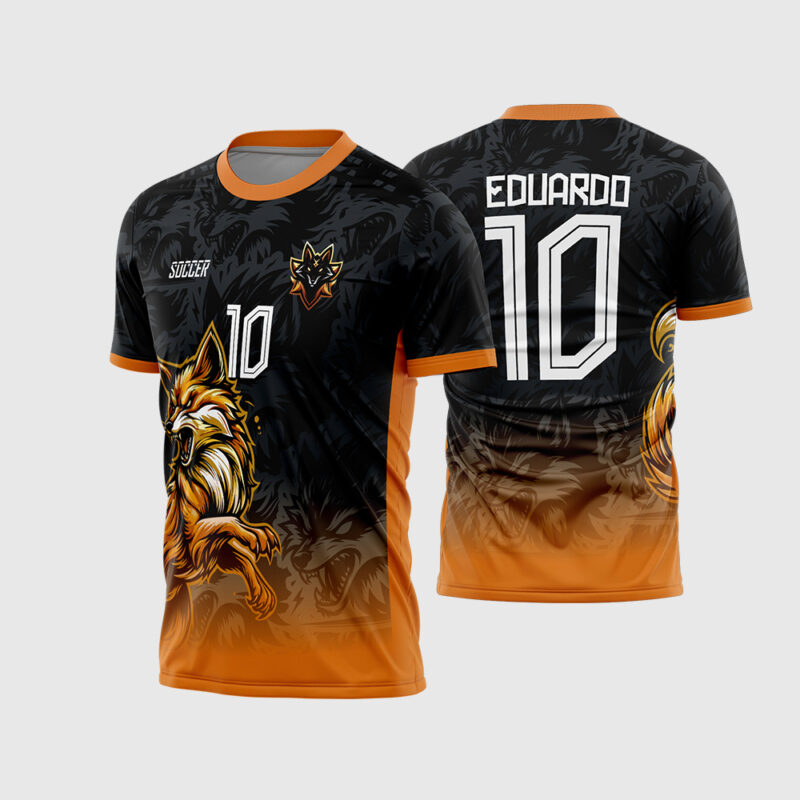 Mockup Frente e Costas Arte Vetor Camisa de Interclasse Raposa do Brasil com degradê preto para laranja e mascote raposa saltando