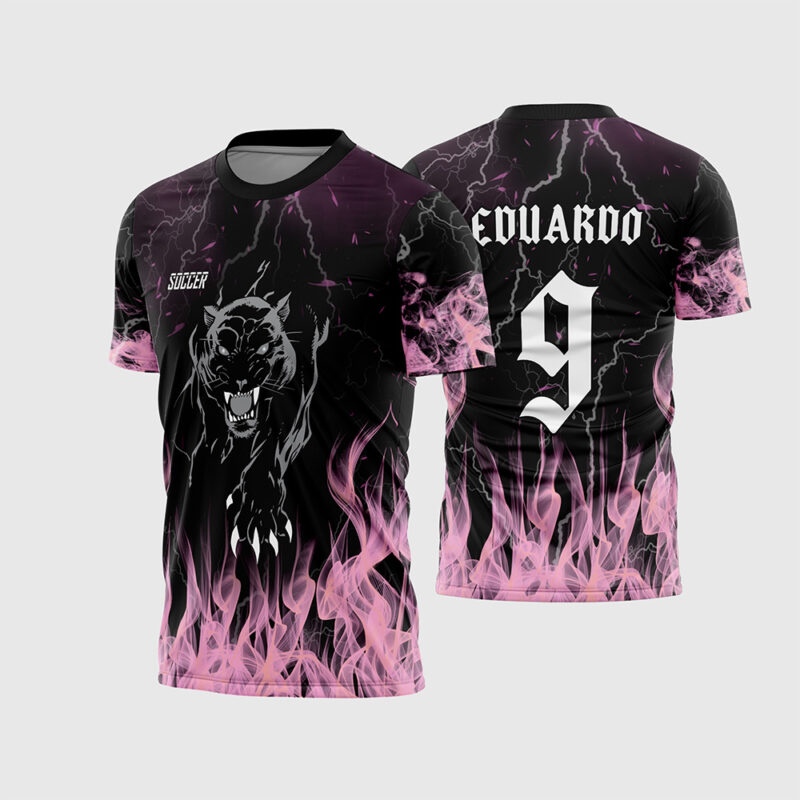 Mockup Camisa Interclasse Pantera Negra com chamas rosa neon frente e costas