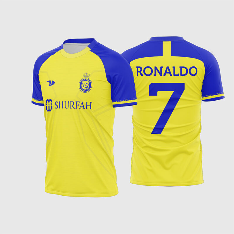 Mockup Frente e Costas Arte Vetor Estampa Camisa Al-nassr 2022 2023 Titular amarela e azul com nome Ronaldo e número 7