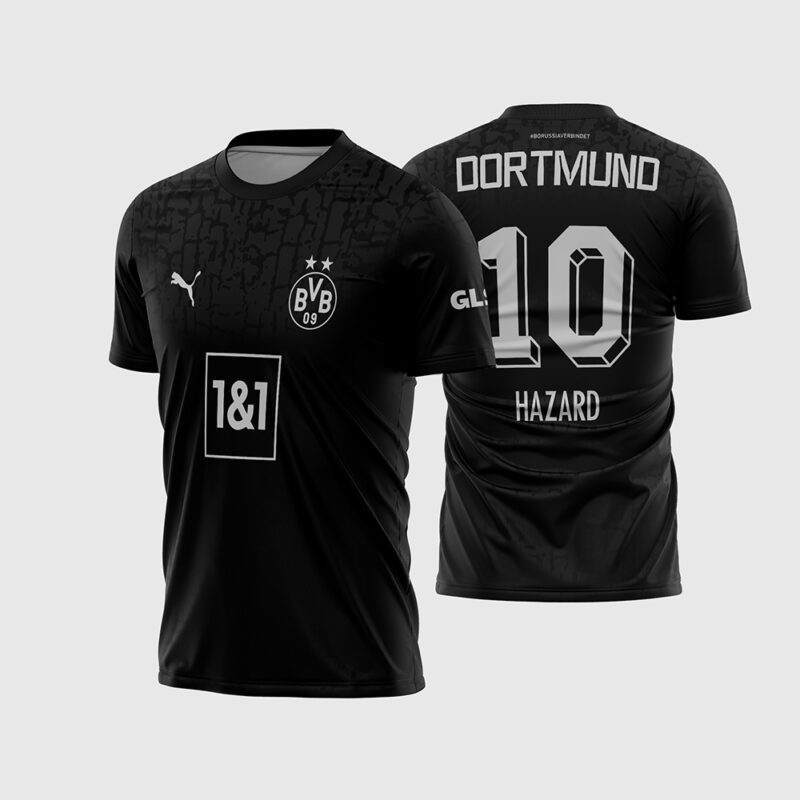 Mockup Frente e Costas Arte Vetor Estampa Camisa Borussia Dortmund Blackout 2022 2023 preta com textura de carvão e logos prata