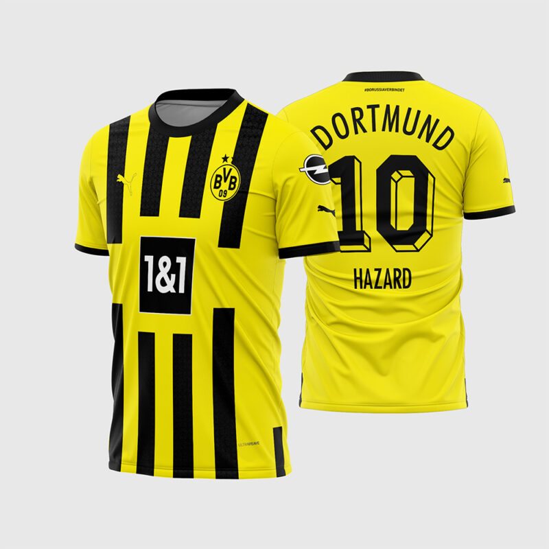 Mockup Frente e Costas Arte Vetor Estampa Camisa Borussia Dortmund Titular 2022-23 amarela com listras pretas verticais e nome Reus
