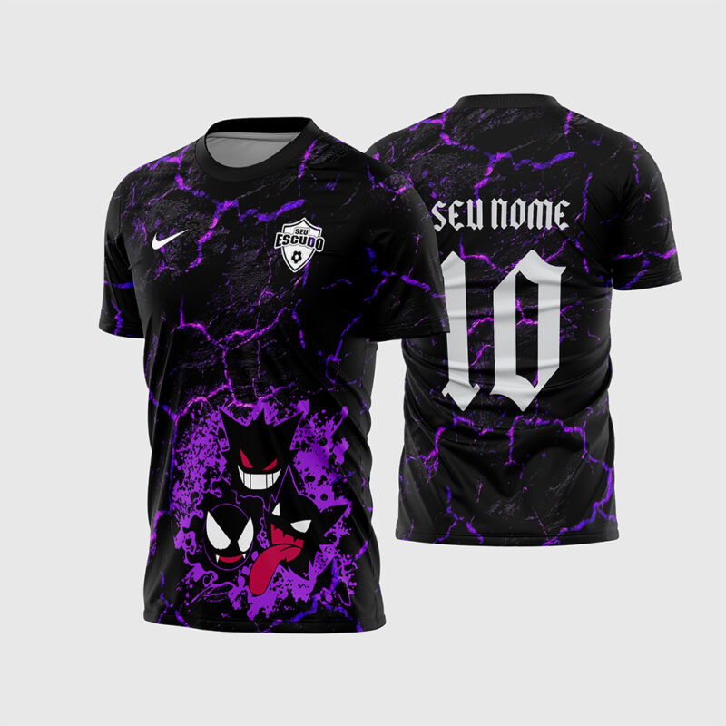 Mockup Frente e Costas Arte Vetor Gengar Nike Interclasse preta com raios roxos, logo Nike e trio de Gengars na barra