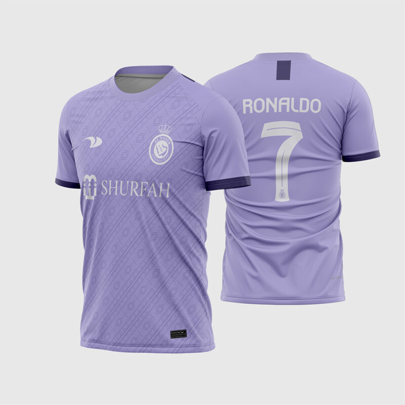Mockup Frente e Costas Arte Vetor Quarta Camisa Al Nassr Fc 2022 2023 lilás com textura geométrica e nome Ronaldo