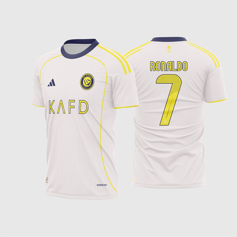 Mockup Frente e Costas Arte Vetor Camisa Al Nassr Local 2024-2025 amarela com detalhes em azul e nome Ronaldo