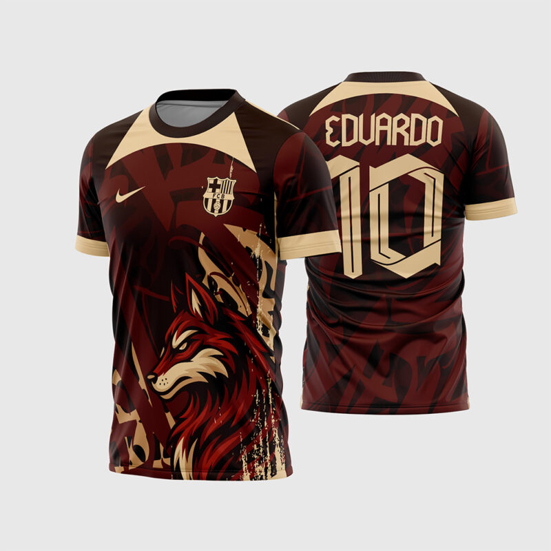 Mockup Frente e Costas Arte Vetor Camisa Interclasse Raposa na cor vinho e creme com mascote de perfil e fonte estilizada