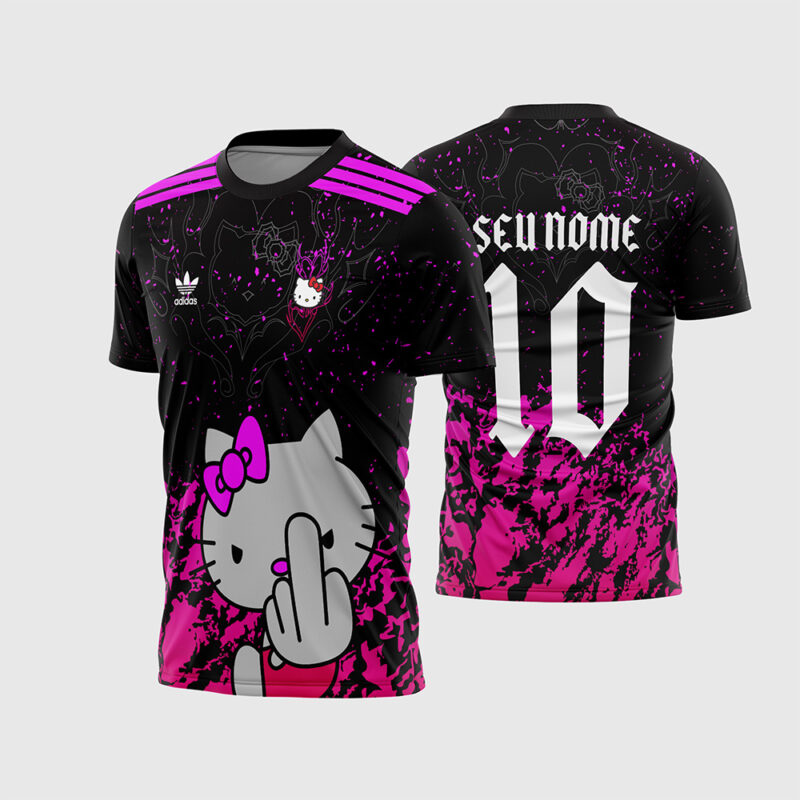 Mockup Frente e Costas Camisa Hello Kitty Interclasse Mod-01 preta com respingos rosa, fonte gótica e personagem com atitude
