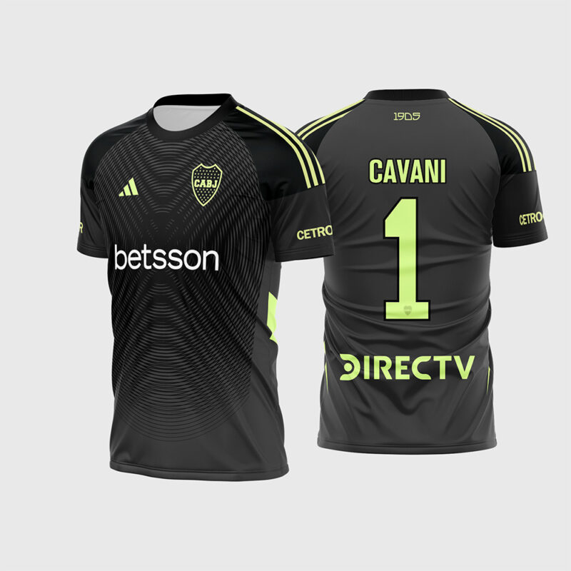 Mockup Frente e Costas Arte Estampa Camisa Boca Juniors Goleiro 2025 - 2026 preta com neon e fonte instalável