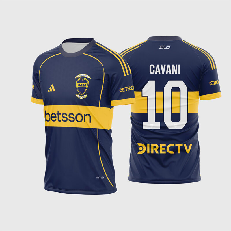 Mockup Frente e Costas Arte Estampa Camisa Boca Juniors Titular 2025 - 2026 azul com faixa amarela e fonte instalável