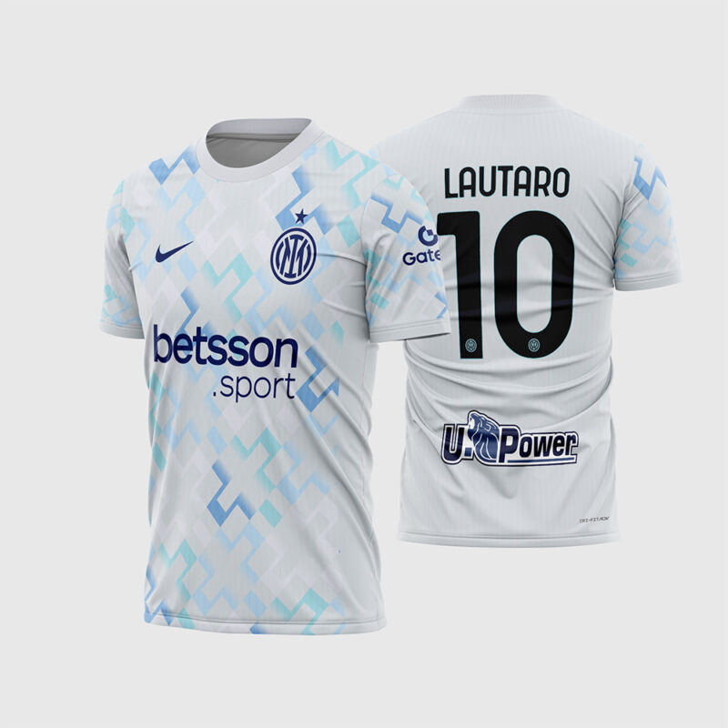 Mockup Frente e Costas Arte Estampa Camisa Inter de Milão Reserva 2025 - 2026 branca com mosaico azul e fonte instalável