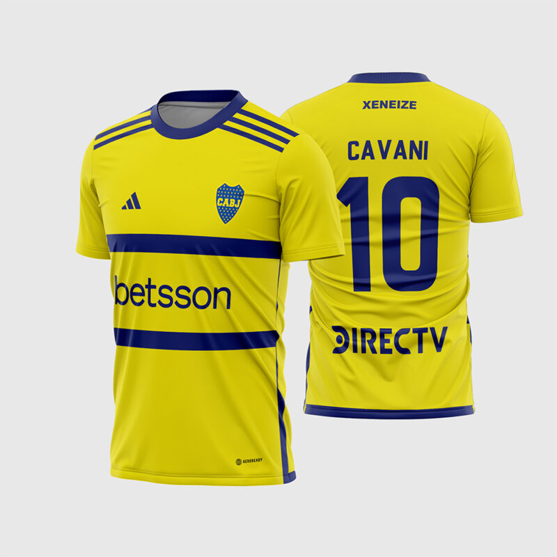 Mockup Frente e Costas Arte Vetor Camisa Boca Juniors Reserva 2023-24 amarela com faixas azuis e fonte instalável