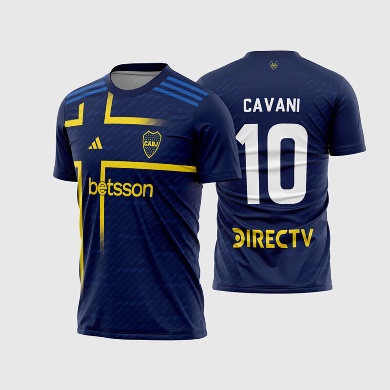 Mockup Frente e Costas Arte Vetor Camisa Boca Juniors Terceira 2024 - 2025 azul com cruz amarela e fonte instalável