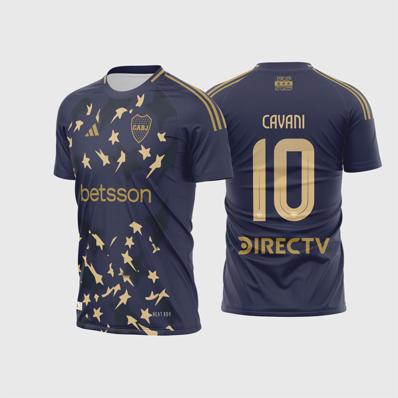 Mockup Frente e Costas Arte Vetor Camisa Boca Juniors Third 2024-2025 azul marinho com estrelas douradas e fonte instalável