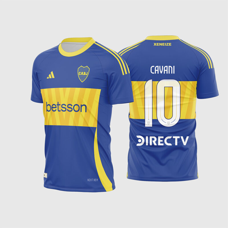 Mockup Frente e Costas Arte Vetor Camisa Boca Juniors Titular 2024 - 2025 azul com faixa chevron e fonte instalável