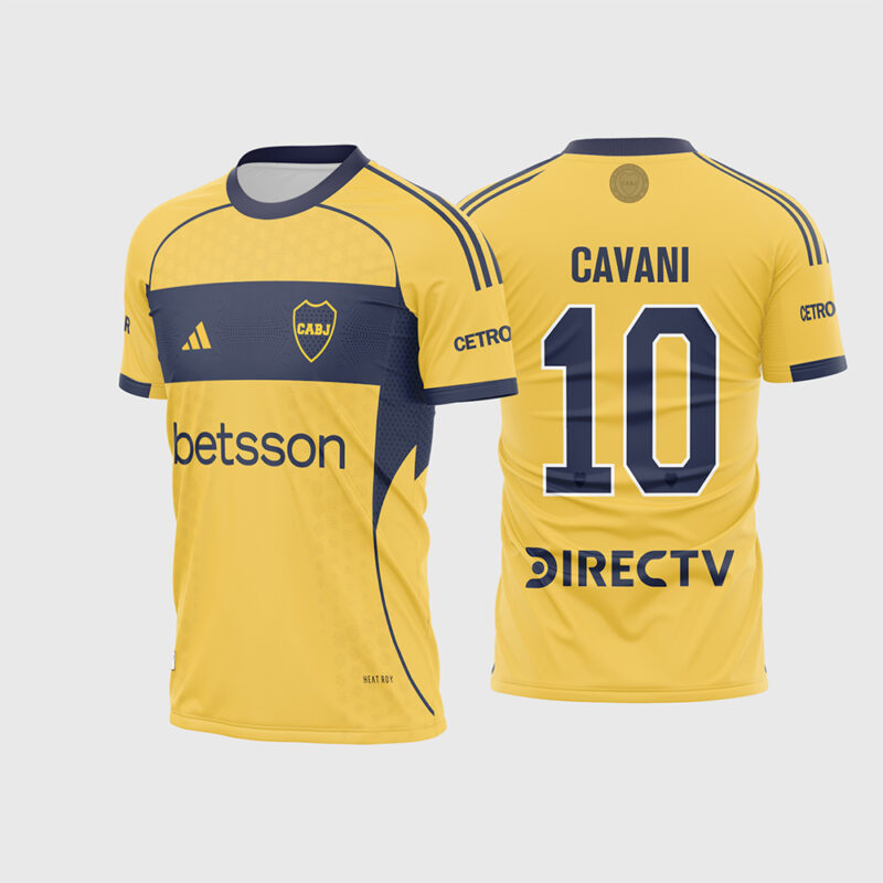 Mockup Frente e Costas Arte Vetor Camisa Boca Juniors Visita 2025 2026 amarela com faixa azul e fonte instalável