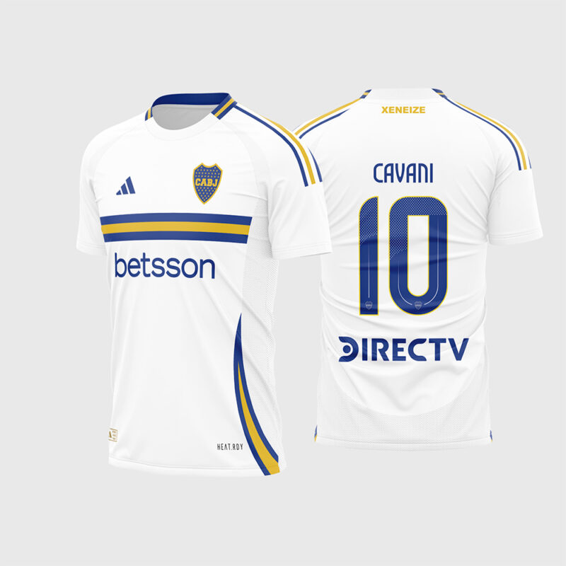 Mockup Frente e Costas Arte Vetor Camisa Boca Juniors Visita 2025 branca com faixa azul/amarela e fonte instalável