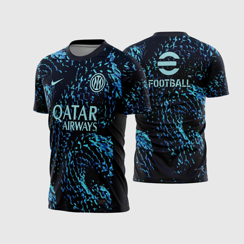 Mockup Frente e Costas Arte Vetor Camisa Inter Milan Pre-jogo 2025 2026 preta e ciano com Qatar Airways e fonte instalável