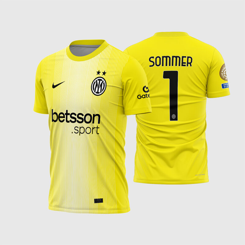 Mockup Frente e Costas Arte Vetor Camisa Inter de Milan Goleiro 2025 - 2026 amarela com linhas brancas e fonte instalável