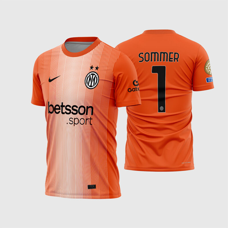 Mockup Frente e Costas Arte Vetor Camisa Inter de Milan Goleiro II 2025 - 2026 laranja com linhas brancas e fonte instalável