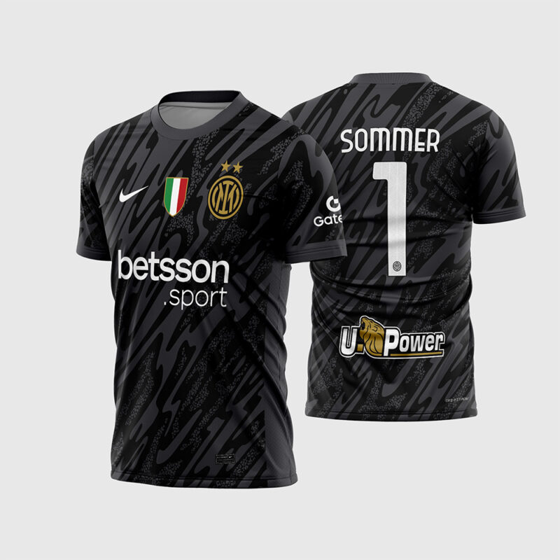 Mockup Frente e Costas Arte Vetor Camisa Inter de Milan Goleiro III 2024 - 2025 preta com logos brancos e fonte instalável