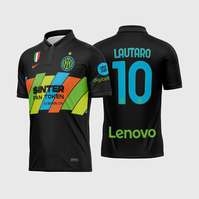 Mockup Frente e Costas Arte Vetor Camisa Inter de Milão Alternativa 2021 - 2022 preta com listras coloridas e fonte instalável