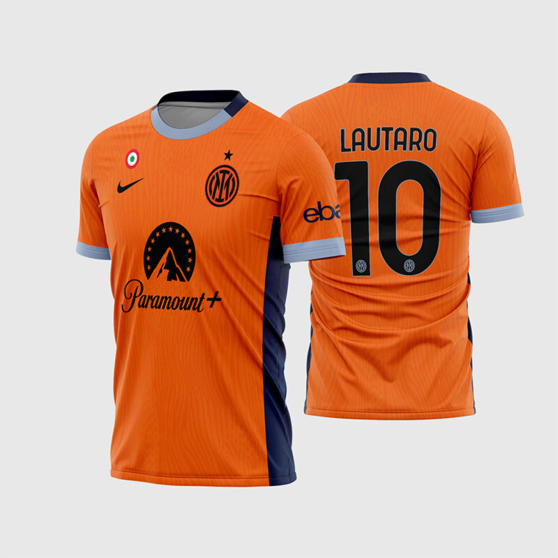 Mockup Frente e Costas Arte Vetor Camisa Inter de Milão Alternativa 2023 2024 laranja com logos pretos e fonte instalável