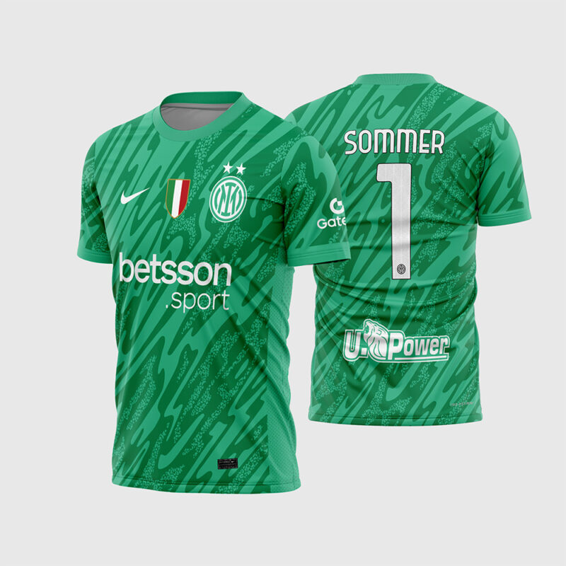 Mockup Frente e Costas Arte Vetor Camisa Inter de Milão Goleiro 2024 - 2025 verde com logos brancos e fonte instalável