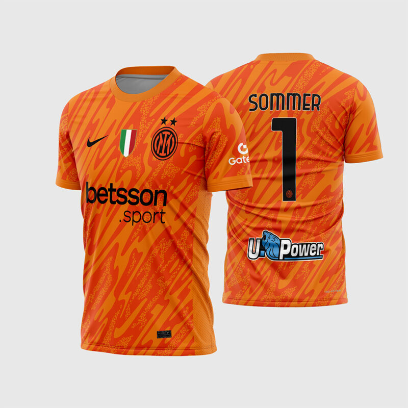 Mockup Frente e Costas Arte Vetor Camisa Inter de Milão Goleiro II 2024 - 2025 laranja com logos pretos e fonte instalável