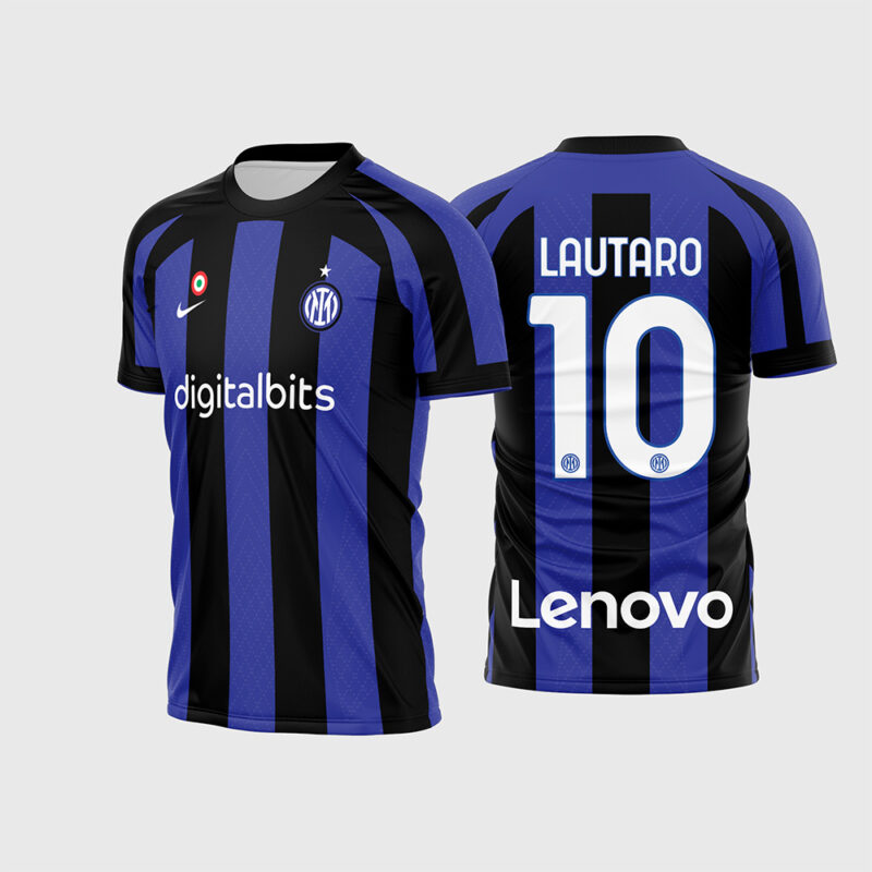 Mockup Frente e Costas Arte Vetor Camisa Inter de Milão Local 2022 - 2023 listrada com fonte instalável