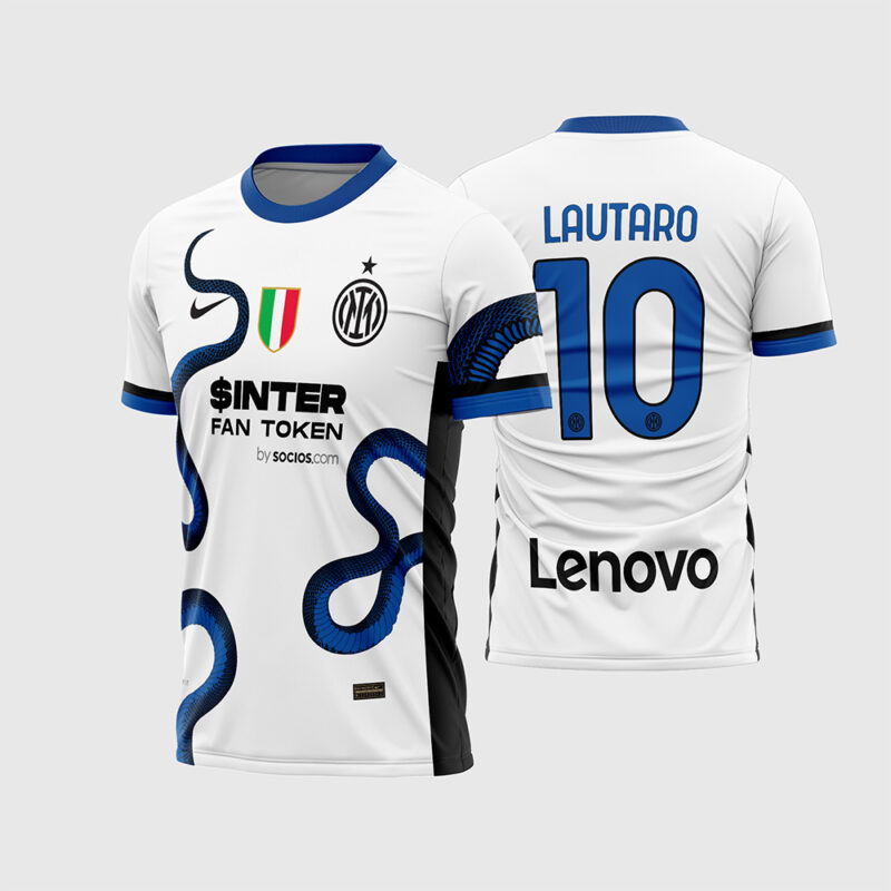 Mockup Frente e Costas Arte Vetor Camisa Inter de Milão Reserva 2021 - 2022 Cobra branca com serpente azul e fonte instalável