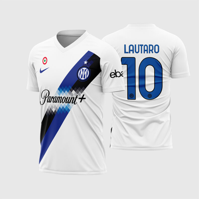 Mockup Frente e Costas Arte Vetor Camisa Inter de Milão Reserva 2023 2024 branca com faixa diagonal e fonte instalável
