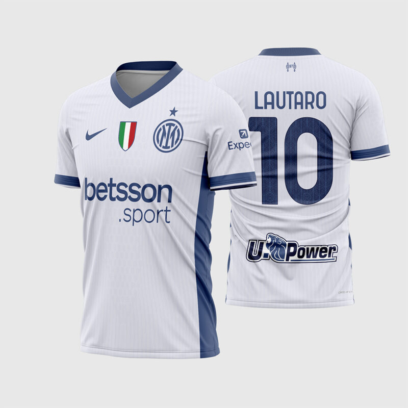 Mockup Frente e Costas Arte Vetor Camisa Inter de Milão Reserva 2024 - 2025 branca com logos azuis e fonte instalável