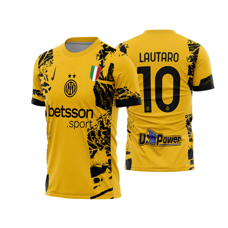 Mockup Frente e Costas Arte Vetor Camisa Inter de Milão Terceira 2024 - 2025 amarela com detalhes pretos e fonte instalável