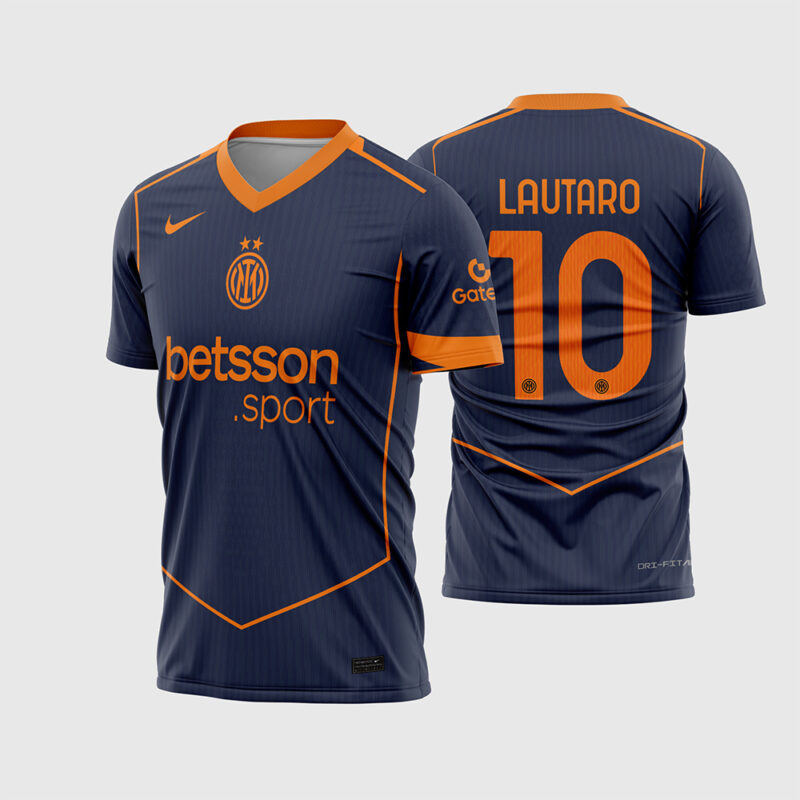 Mockup Frente e Costas Arte Vetor Camisa Inter de Milão Terceira 2025 - 2026 azul marinho com detalhes laranja e fonte instalável