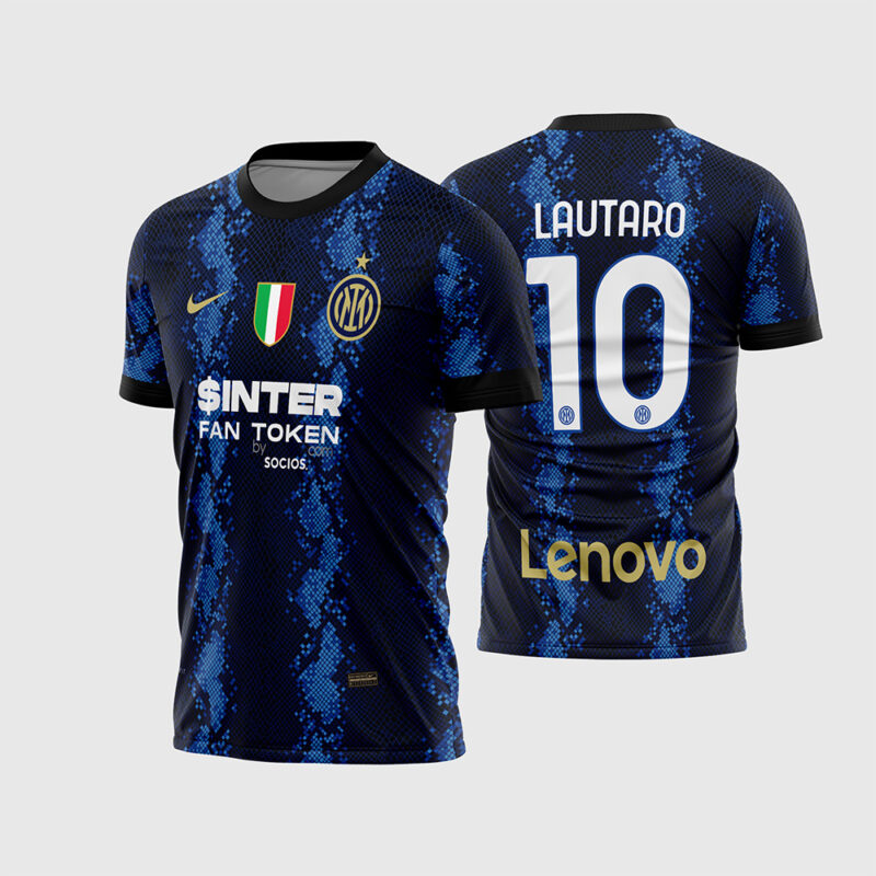 Mockup Frente e Costas Arte Vetor Camisa Inter de Milão Titular 2021 - 2022 pele de cobra azul com fonte instalável