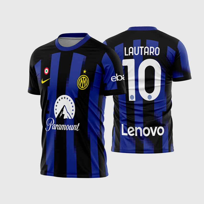 Mockup Frente e Costas Arte Vetor Camisa Inter de Milão Titular 2023 2024 azul e preta com logos amarelos e fonte instalável