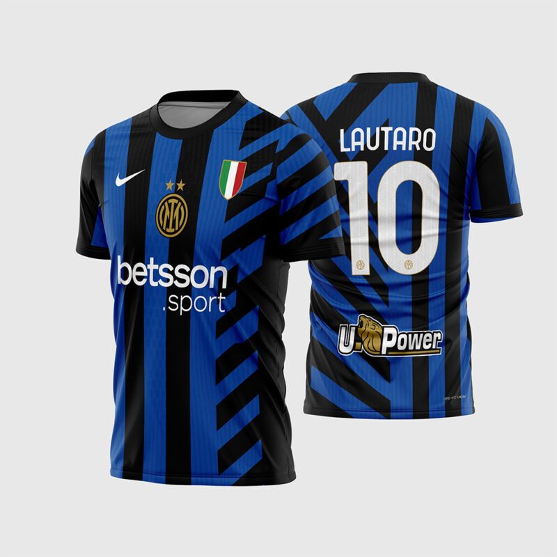 Mockup Frente e Costas Arte Vetor Camisa Inter de Milão Titular 2024 - 2025 azul e preta com listras mistas e fonte instalável