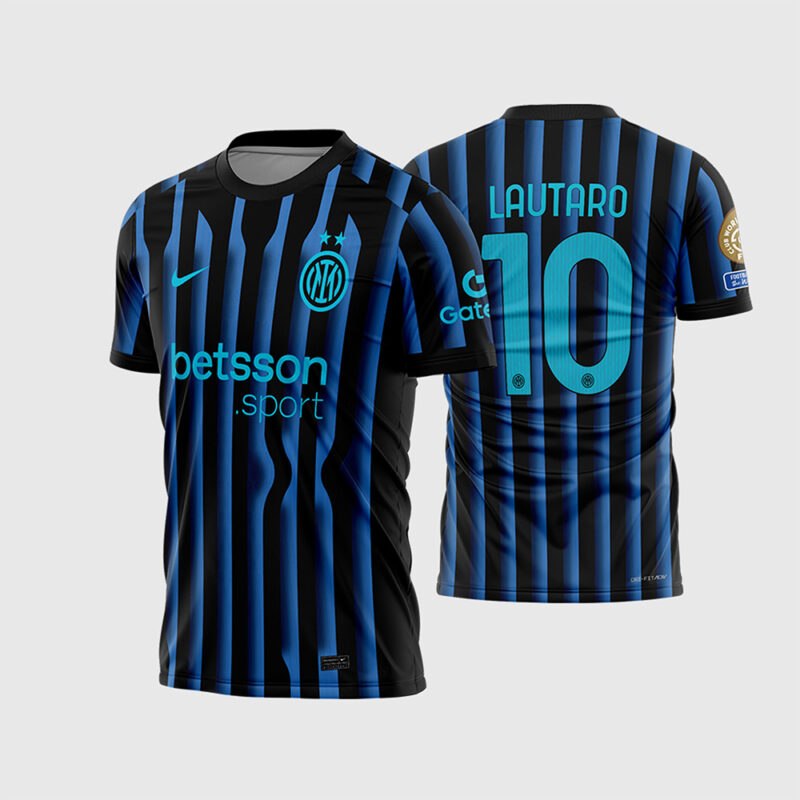 Mockup Frente e Costas Arte Vetor Camisa Inter de Milão Titular 2025 - 2026 listrada com logos ciano e fonte instalável