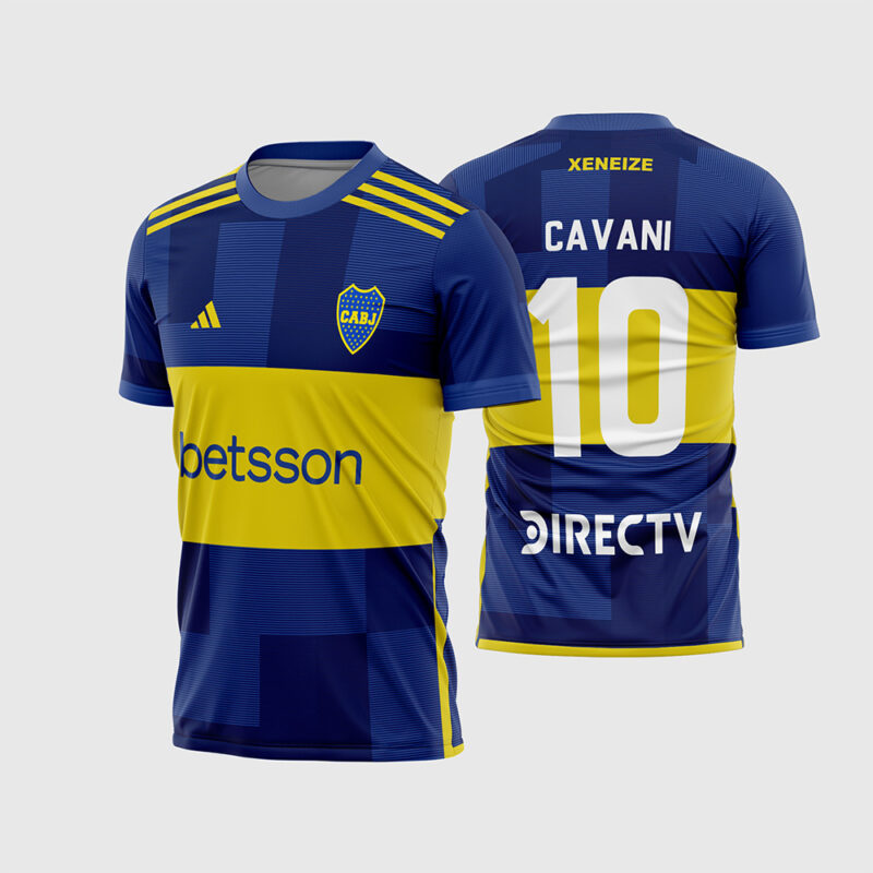 Mockup Frente e Costas Arte Vetor Camisa Time Boca Juniors Titular 2023-24 azul e amarela com fonte instalável