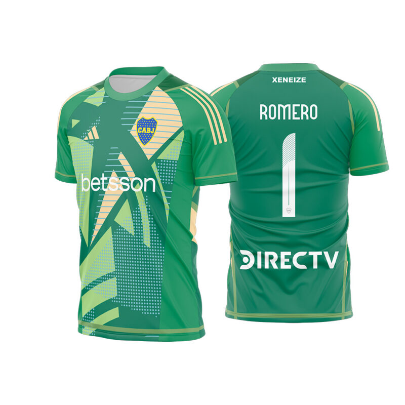 Mockup Frente e Costas Arte Vetor Camisa Boca Juniors Goleiro 2024-2025 verde com estampa geométrica e fonte instalável